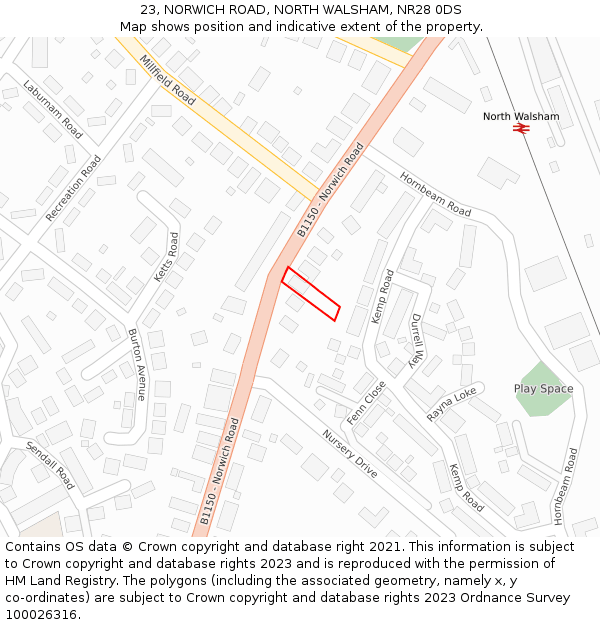 23, NORWICH ROAD, NORTH WALSHAM, NR28 0DS: Location map and indicative extent of plot