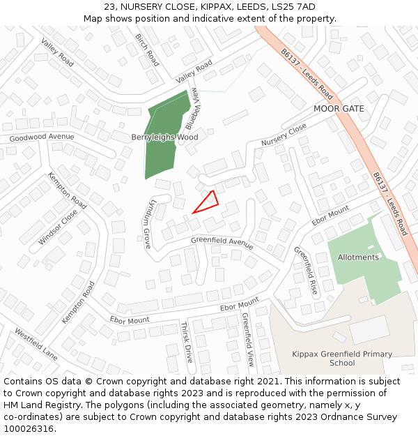 23, NURSERY CLOSE, KIPPAX, LEEDS, LS25 7AD: Location map and indicative extent of plot