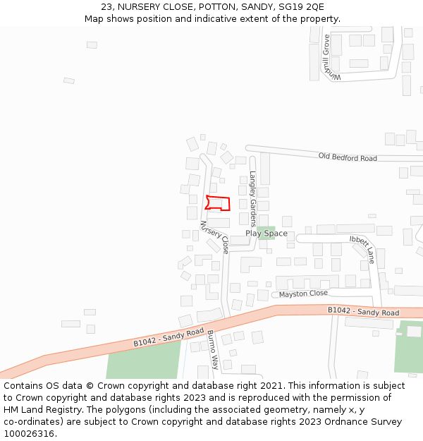 23, NURSERY CLOSE, POTTON, SANDY, SG19 2QE: Location map and indicative extent of plot