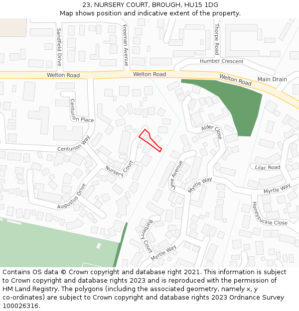 23, NURSERY COURT, BROUGH, HU15 1DG: Location map and indicative extent of plot