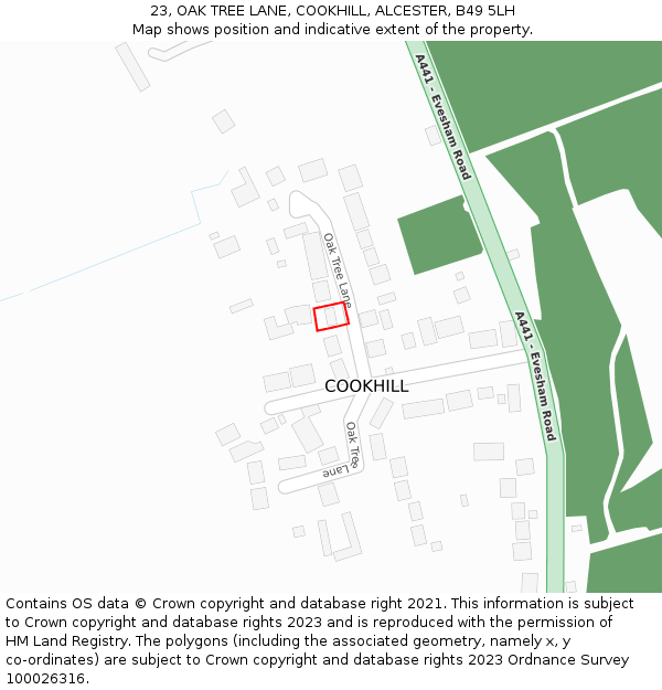 23, OAK TREE LANE, COOKHILL, ALCESTER, B49 5LH: Location map and indicative extent of plot