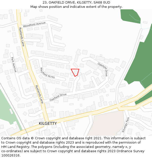 23, OAKFIELD DRIVE, KILGETTY, SA68 0UD: Location map and indicative extent of plot