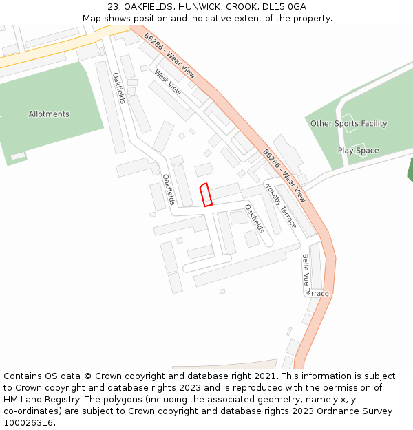 23, OAKFIELDS, HUNWICK, CROOK, DL15 0GA: Location map and indicative extent of plot