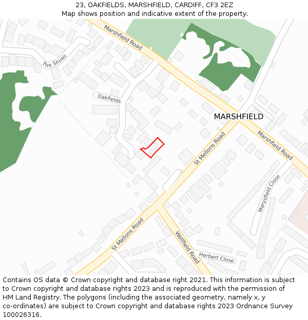 23, OAKFIELDS, MARSHFIELD, CARDIFF, CF3 2EZ: Location map and indicative extent of plot
