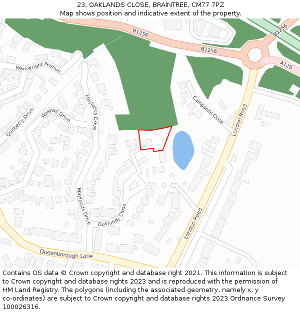 23, OAKLANDS CLOSE, BRAINTREE, CM77 7PZ: Location map and indicative extent of plot
