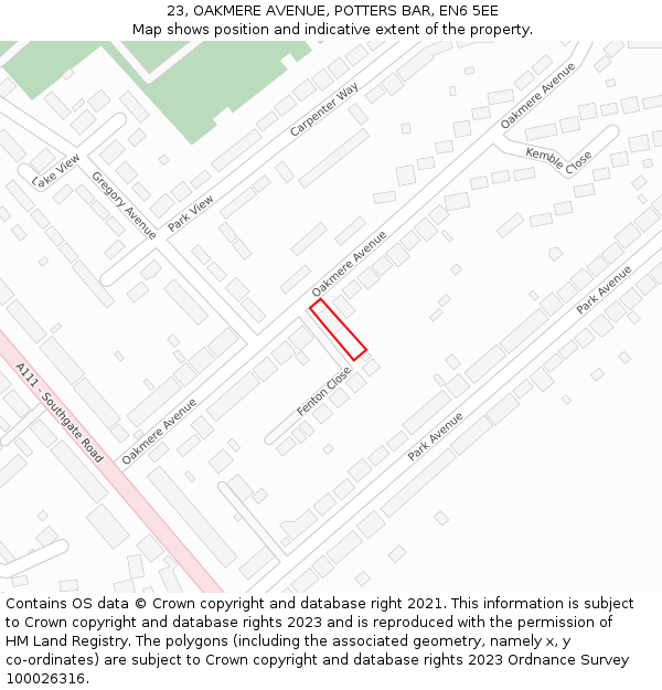 23, OAKMERE AVENUE, POTTERS BAR, EN6 5EE: Location map and indicative extent of plot