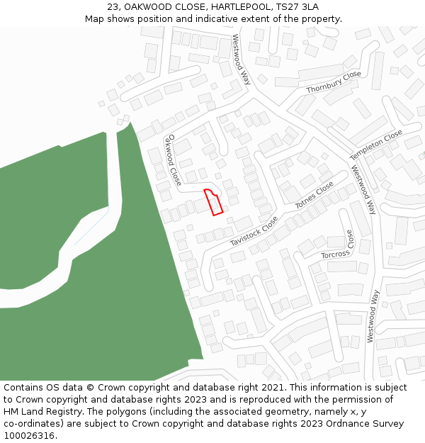 23, OAKWOOD CLOSE, HARTLEPOOL, TS27 3LA: Location map and indicative extent of plot