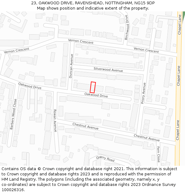 23, OAKWOOD DRIVE, RAVENSHEAD, NOTTINGHAM, NG15 9DP: Location map and indicative extent of plot