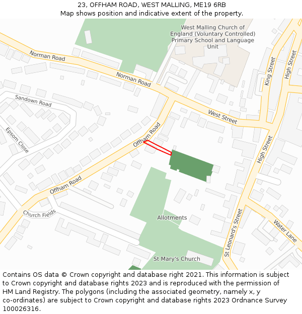 23, OFFHAM ROAD, WEST MALLING, ME19 6RB: Location map and indicative extent of plot