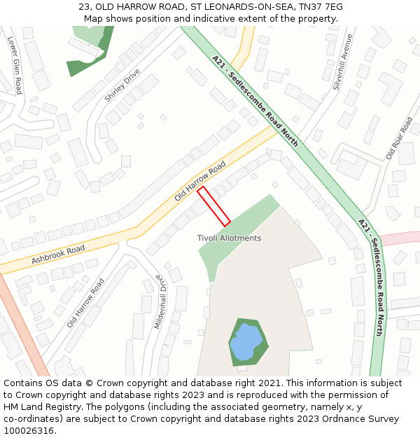 23, OLD HARROW ROAD, ST LEONARDS-ON-SEA, TN37 7EG: Location map and indicative extent of plot