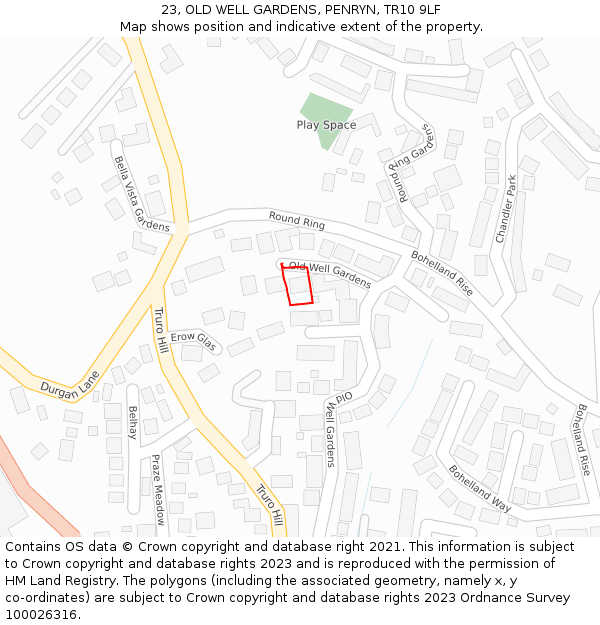 23, OLD WELL GARDENS, PENRYN, TR10 9LF: Location map and indicative extent of plot