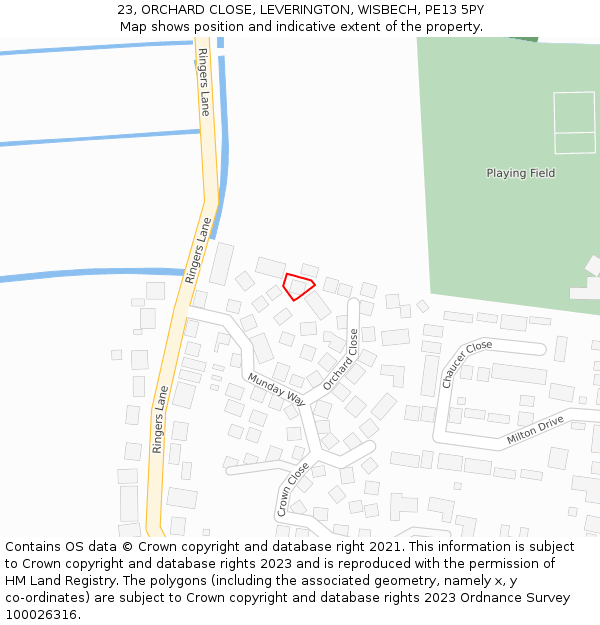 23, ORCHARD CLOSE, LEVERINGTON, WISBECH, PE13 5PY: Location map and indicative extent of plot