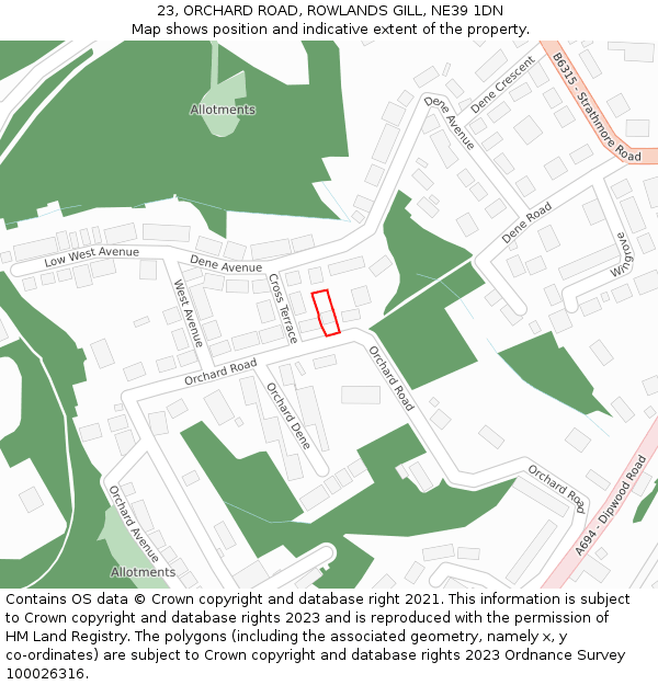 23, ORCHARD ROAD, ROWLANDS GILL, NE39 1DN: Location map and indicative extent of plot