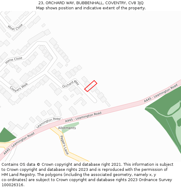 23, ORCHARD WAY, BUBBENHALL, COVENTRY, CV8 3JQ: Location map and indicative extent of plot