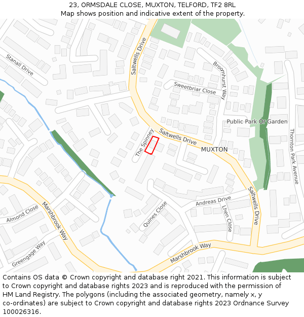 23, ORMSDALE CLOSE, MUXTON, TELFORD, TF2 8RL: Location map and indicative extent of plot