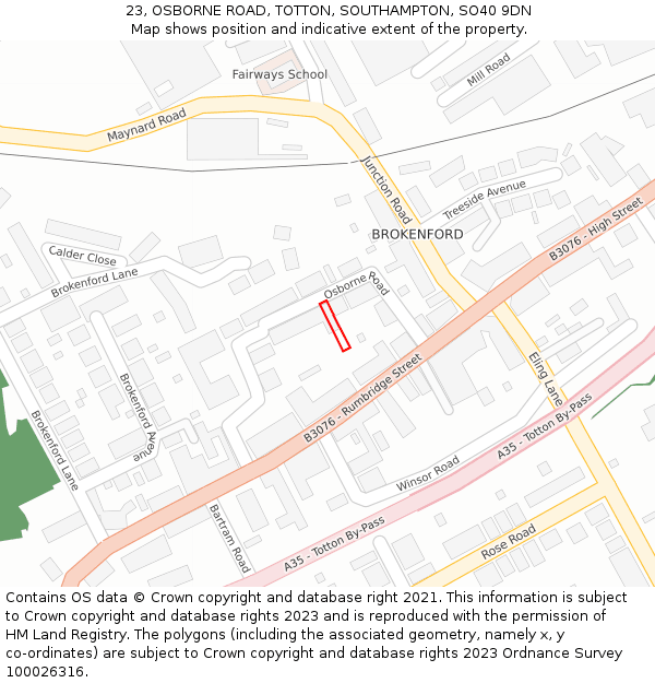 23, OSBORNE ROAD, TOTTON, SOUTHAMPTON, SO40 9DN: Location map and indicative extent of plot