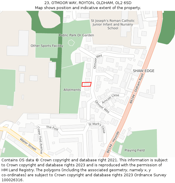 23, OTMOOR WAY, ROYTON, OLDHAM, OL2 6SD: Location map and indicative extent of plot