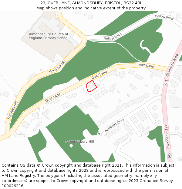 23, OVER LANE, ALMONDSBURY, BRISTOL, BS32 4BL: Location map and indicative extent of plot