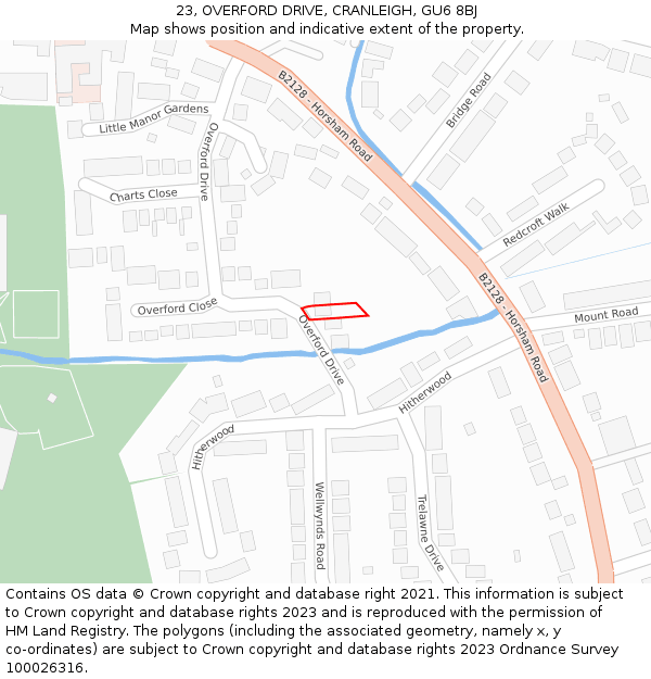 23, OVERFORD DRIVE, CRANLEIGH, GU6 8BJ: Location map and indicative extent of plot