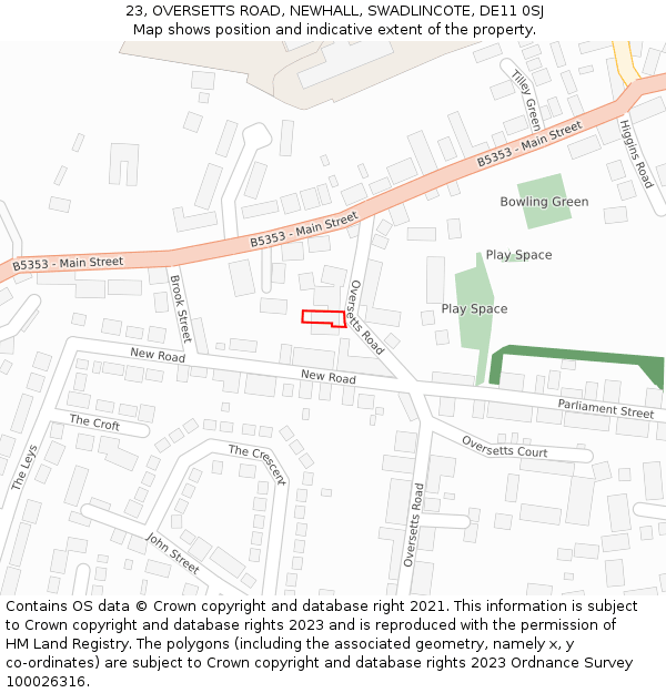 23, OVERSETTS ROAD, NEWHALL, SWADLINCOTE, DE11 0SJ: Location map and indicative extent of plot