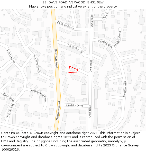 23, OWLS ROAD, VERWOOD, BH31 6EW: Location map and indicative extent of plot