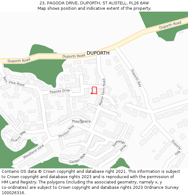 23, PAGODA DRIVE, DUPORTH, ST AUSTELL, PL26 6AW: Location map and indicative extent of plot