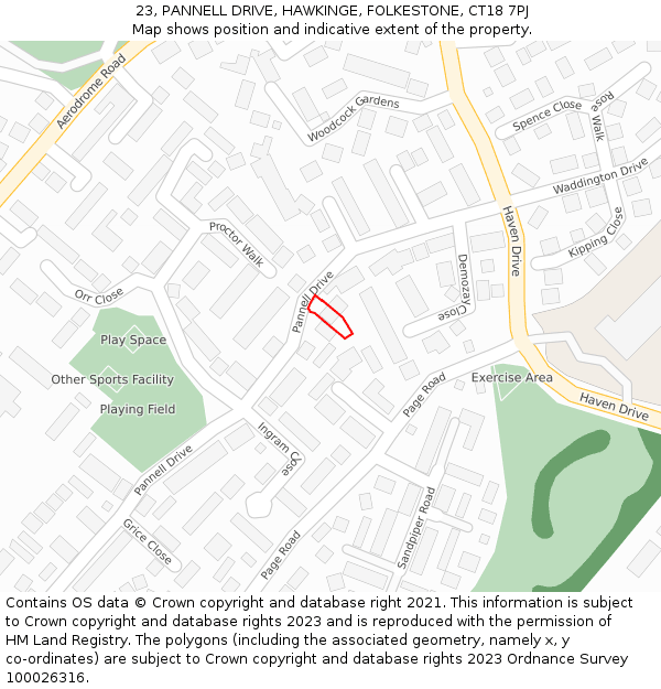 23, PANNELL DRIVE, HAWKINGE, FOLKESTONE, CT18 7PJ: Location map and indicative extent of plot