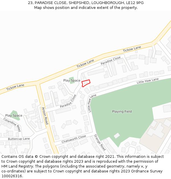 23, PARADISE CLOSE, SHEPSHED, LOUGHBOROUGH, LE12 9PG: Location map and indicative extent of plot