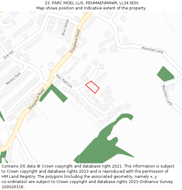 23, PARC MOEL LUS, PENMAENMAWR, LL34 6DN: Location map and indicative extent of plot