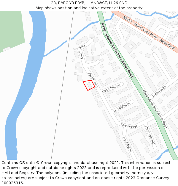 23, PARC YR ERYR, LLANRWST, LL26 0ND: Location map and indicative extent of plot