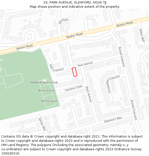 23, PARK AVENUE, SLEAFORD, NG34 7JJ: Location map and indicative extent of plot