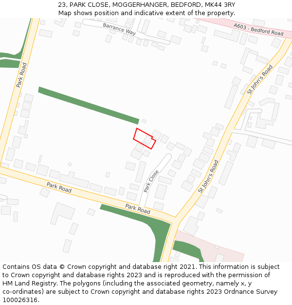 23, PARK CLOSE, MOGGERHANGER, BEDFORD, MK44 3RY: Location map and indicative extent of plot