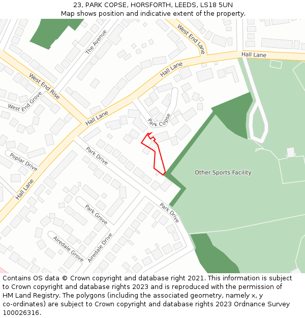 23, PARK COPSE, HORSFORTH, LEEDS, LS18 5UN: Location map and indicative extent of plot