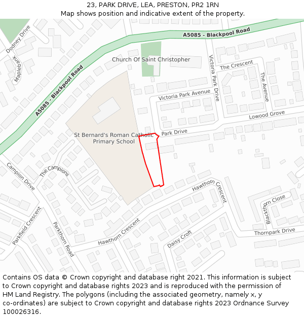 23, PARK DRIVE, LEA, PRESTON, PR2 1RN: Location map and indicative extent of plot