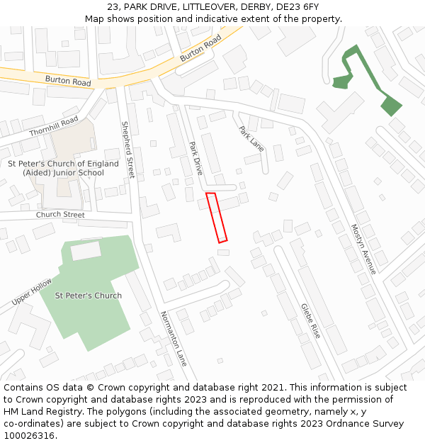 23, PARK DRIVE, LITTLEOVER, DERBY, DE23 6FY: Location map and indicative extent of plot
