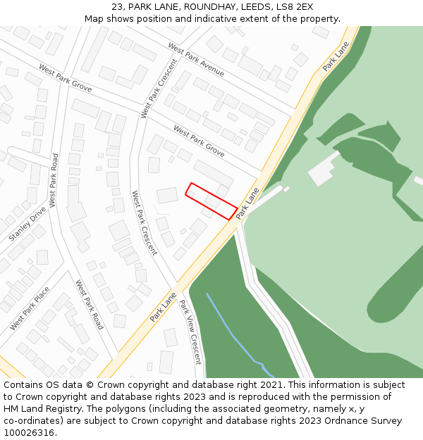 23, PARK LANE, ROUNDHAY, LEEDS, LS8 2EX: Location map and indicative extent of plot