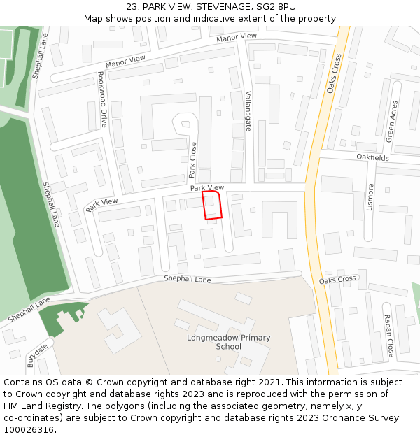 23, PARK VIEW, STEVENAGE, SG2 8PU: Location map and indicative extent of plot