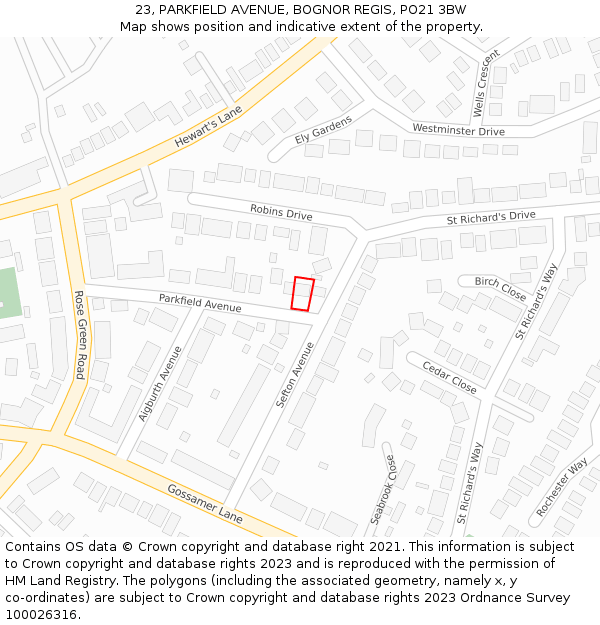23, PARKFIELD AVENUE, BOGNOR REGIS, PO21 3BW: Location map and indicative extent of plot