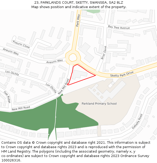 23, PARKLANDS COURT, SKETTY, SWANSEA, SA2 8LZ: Location map and indicative extent of plot