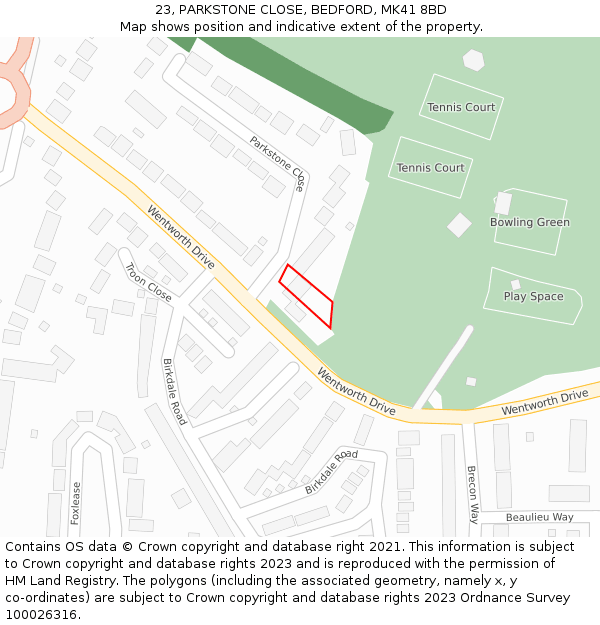 23, PARKSTONE CLOSE, BEDFORD, MK41 8BD: Location map and indicative extent of plot