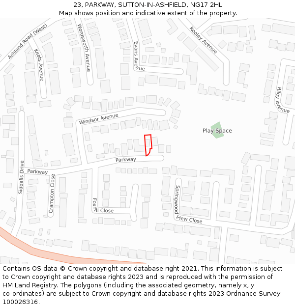 23, PARKWAY, SUTTON-IN-ASHFIELD, NG17 2HL: Location map and indicative extent of plot