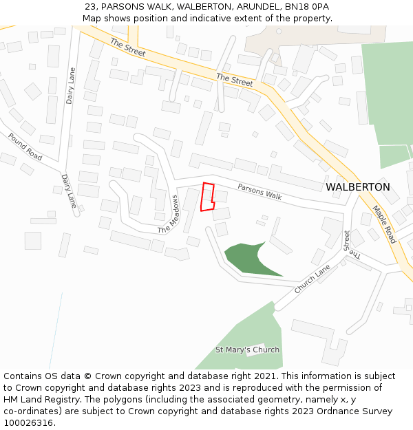 23, PARSONS WALK, WALBERTON, ARUNDEL, BN18 0PA: Location map and indicative extent of plot