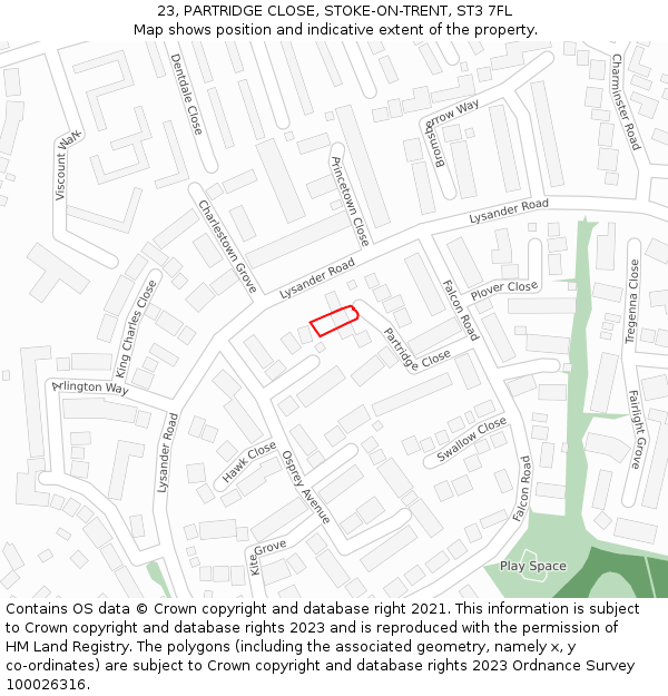 23, PARTRIDGE CLOSE, STOKE-ON-TRENT, ST3 7FL: Location map and indicative extent of plot