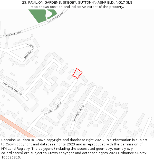 23, PAVILION GARDENS, SKEGBY, SUTTON-IN-ASHFIELD, NG17 3LG: Location map and indicative extent of plot