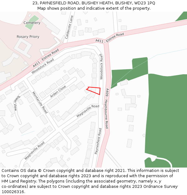 23, PAYNESFIELD ROAD, BUSHEY HEATH, BUSHEY, WD23 1PQ: Location map and indicative extent of plot