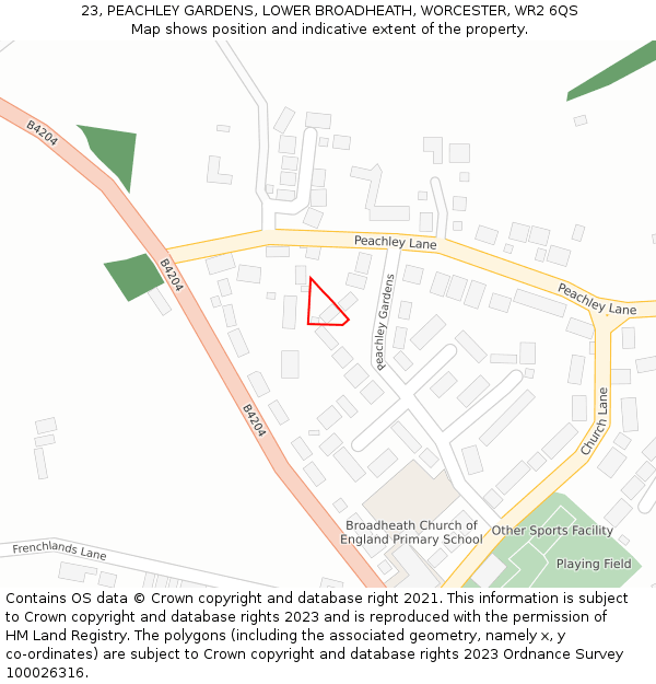 23, PEACHLEY GARDENS, LOWER BROADHEATH, WORCESTER, WR2 6QS: Location map and indicative extent of plot