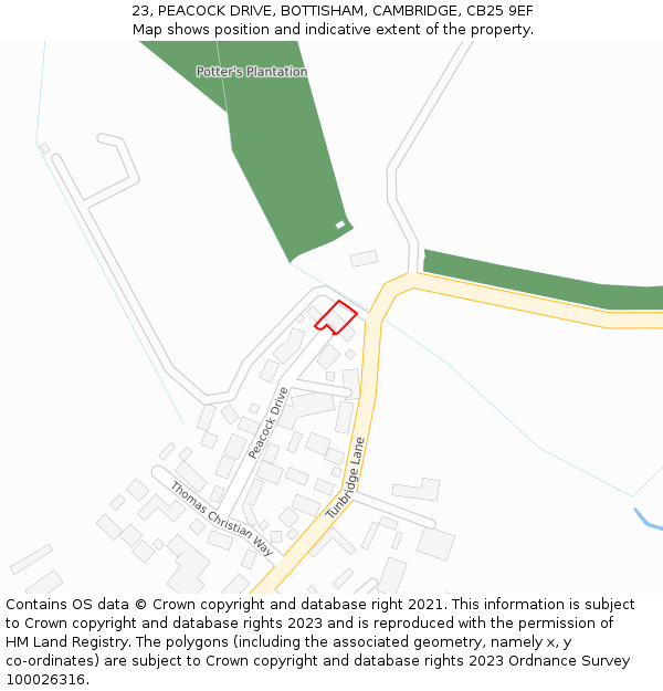 23, PEACOCK DRIVE, BOTTISHAM, CAMBRIDGE, CB25 9EF: Location map and indicative extent of plot