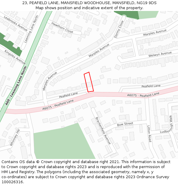 23, PEAFIELD LANE, MANSFIELD WOODHOUSE, MANSFIELD, NG19 9DS: Location map and indicative extent of plot