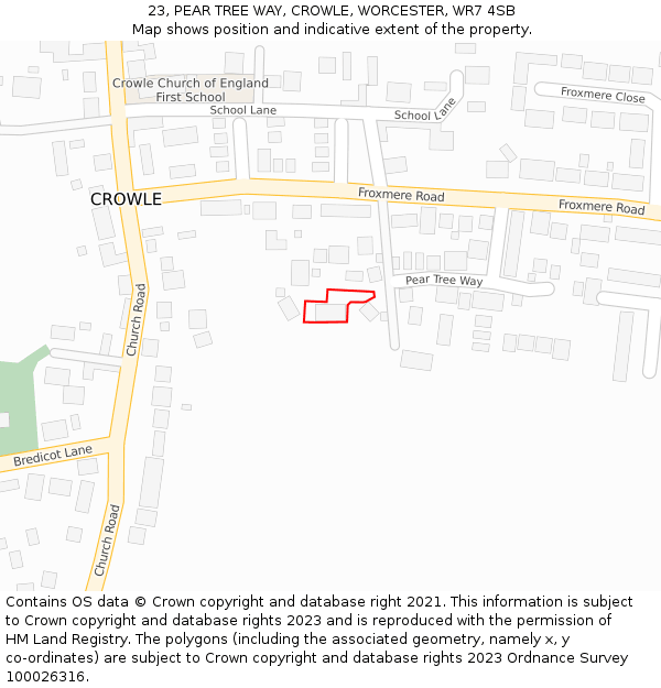 23, PEAR TREE WAY, CROWLE, WORCESTER, WR7 4SB: Location map and indicative extent of plot