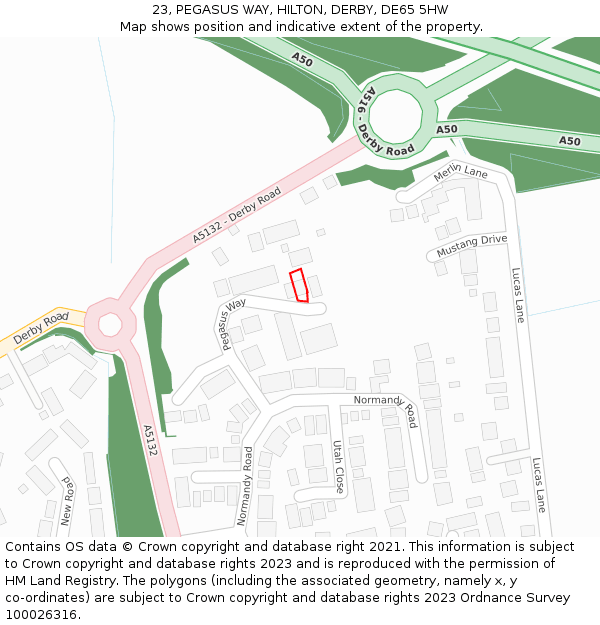 23, PEGASUS WAY, HILTON, DERBY, DE65 5HW: Location map and indicative extent of plot